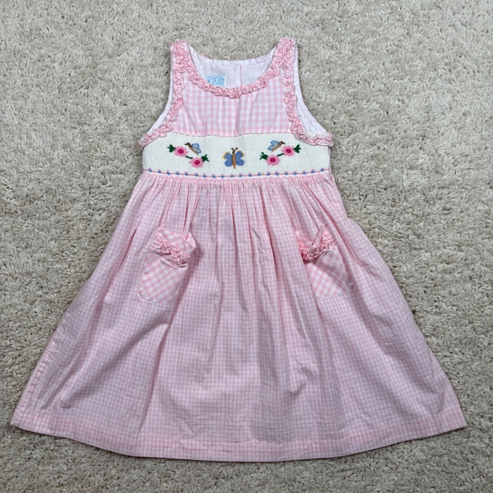 Vive La Fete‎ Pink Gingham Smocked Butterfly Dress Girls Size 3 Cotton